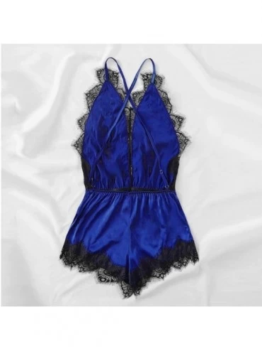 Baby Dolls & Chemises Women Nightwear Bodysuits Siamese Babadoll Lace Lingerie Sexy Silk Kimono Chemise Teddy Jumpsuit - Blue...