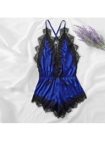 Baby Dolls & Chemises Women Nightwear Bodysuits Siamese Babadoll Lace Lingerie Sexy Silk Kimono Chemise Teddy Jumpsuit - Blue...