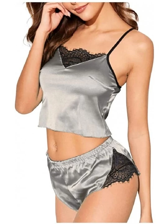 Sets Women's Summer 2pcs Pajamas Set - Floral Lace Trim V Neck Solid Cami Crop Top and Shorts - Gray - CP196UQLI7U $17.13