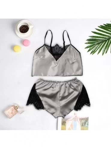 Sets Women's Summer 2pcs Pajamas Set - Floral Lace Trim V Neck Solid Cami Crop Top and Shorts - Gray - CP196UQLI7U $17.13