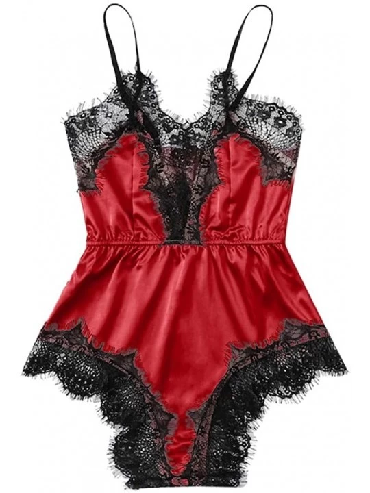 Sets Women Satin Lace Bra Lingerie Underpant Siamese Sleepwear Bodysuit Babydoll - Red - CD18NY5CUE3 $11.43