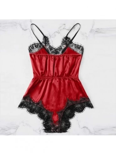 Sets Women Satin Lace Bra Lingerie Underpant Siamese Sleepwear Bodysuit Babydoll - Red - CD18NY5CUE3 $11.43