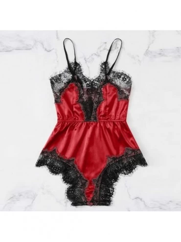 Sets Women Satin Lace Bra Lingerie Underpant Siamese Sleepwear Bodysuit Babydoll - Red - CD18NY5CUE3 $11.43