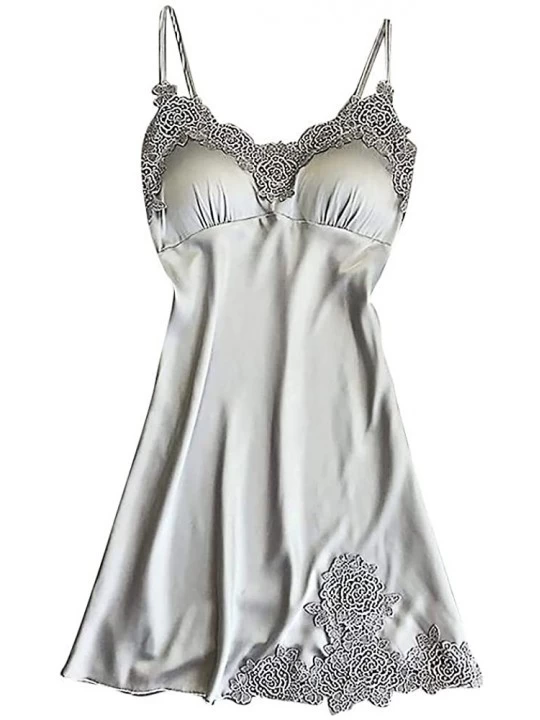 Baby Dolls & Chemises Sexy Lingerie Womens Silk Lace Robe Dress Babydoll Nightdress Sleepwear Kimono - C Silver - CX195YCXUQI...