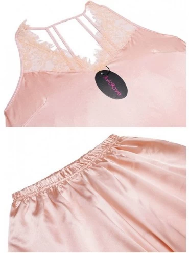 Sets Women Satin Nightgown Lace Trim Satin Cami Shorts Pajama Sets - Pink - CA18L8QAW23 $11.79