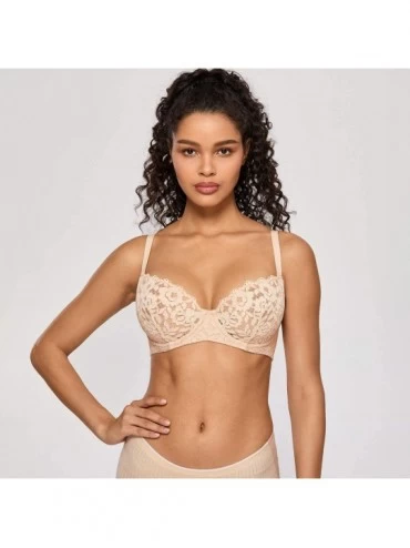 Bras Women's Lace See Through Unlined Bra Push Up Support Underwire Sexy Demi - Beige - C118EROWK84 $20.93