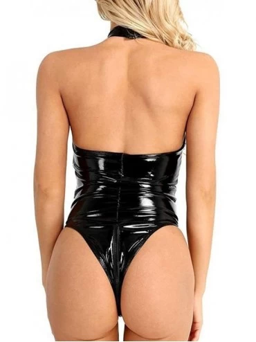 Baby Dolls & Chemises Women Leather Look Sexy Bodysuit Zipper Sleeveless Lingerie Cool Babydoll - A-black - C5197M2RRQK $10.09