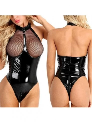 Baby Dolls & Chemises Women Leather Look Sexy Bodysuit Zipper Sleeveless Lingerie Cool Babydoll - A-black - C5197M2RRQK $10.09