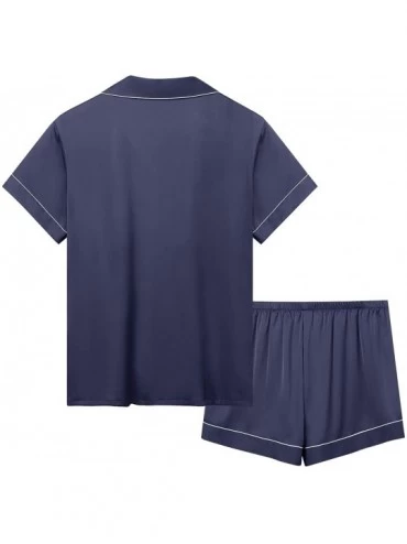 Sets Womens Satin Silky Short Sleeve Button Up/Down Summer Pajama/Pj Shorts Set - Navy Blue - CU197Z0825H $28.46