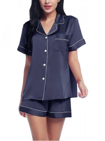 Sets Womens Satin Silky Short Sleeve Button Up/Down Summer Pajama/Pj Shorts Set - Navy Blue - CU197Z0825H $28.46