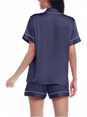 Sets Womens Satin Silky Short Sleeve Button Up/Down Summer Pajama/Pj Shorts Set - Navy Blue - CU197Z0825H $28.46