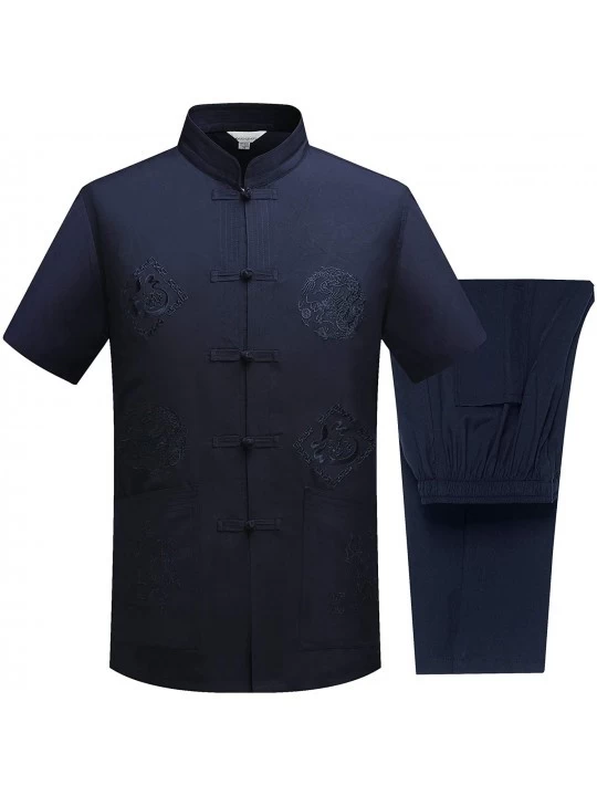 Sleep Sets Men's Chinses Style Sleepwear Set Hanfu Coat Summer Solid Leisure Home Houngewear - S01-blue - CW18R47HEZA $24.14