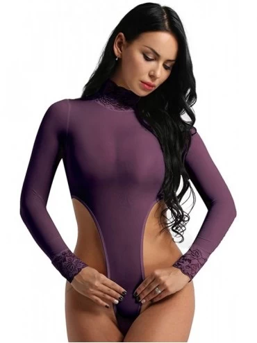 Shapewear Women's Basic Solid Long Sleeve Turtleneck Leotard Top Bodysuit Stretchy Jumpsuit Bodycon - Purple - CT18O3KW7H7 $2...