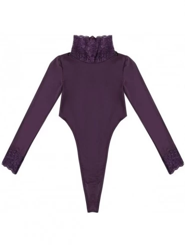 Shapewear Women's Basic Solid Long Sleeve Turtleneck Leotard Top Bodysuit Stretchy Jumpsuit Bodycon - Purple - CT18O3KW7H7 $2...