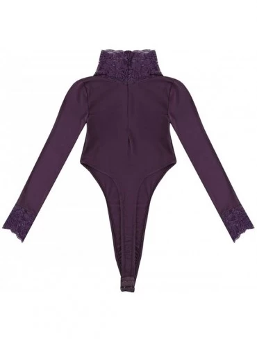 Shapewear Women's Basic Solid Long Sleeve Turtleneck Leotard Top Bodysuit Stretchy Jumpsuit Bodycon - Purple - CT18O3KW7H7 $2...