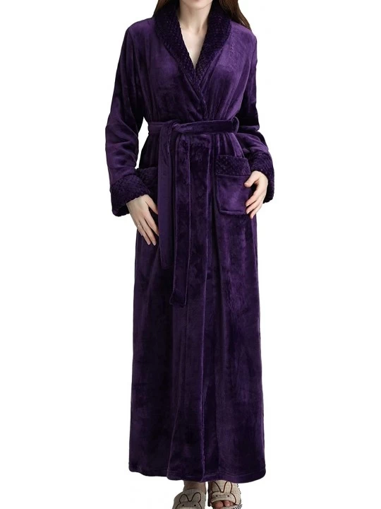 Robes Womens Zipper Front Fleece Flannel Robe Plush Long Warm Bathrobe Loungewear with Pockets - Purple-2 - CL18M90G4YW $42.20