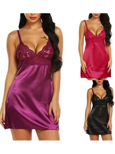 Robes Women Sexy Lingeres Cami Nightdress V Neck Nightwear Satin Sleepwear Lace Chemise Mini Teddy for Sex Pajamas - C purple...