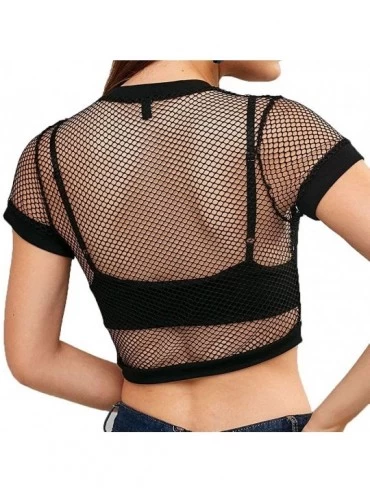 Camisoles & Tanks Women's Elastic Fishnet Long Sleeve Mesh Crop Top Clubwear See Through - Black8 - CJ18QC8NYHA $18.13