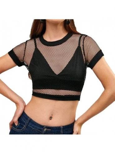 Camisoles & Tanks Women's Elastic Fishnet Long Sleeve Mesh Crop Top Clubwear See Through - Black8 - CJ18QC8NYHA $18.13