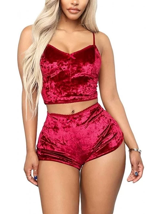 Sets Womens Sexy Velvet 2 Pieces Romper Outfit Spaghetti Strap Crop Top Camisole and Shorts Pajama Active Bottom Set A Red - ...