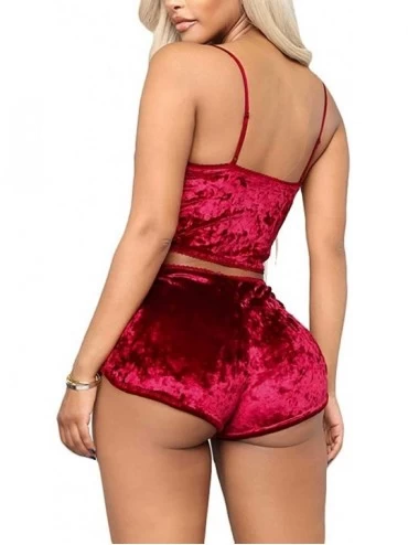 Sets Womens Sexy Velvet 2 Pieces Romper Outfit Spaghetti Strap Crop Top Camisole and Shorts Pajama Active Bottom Set A Red - ...