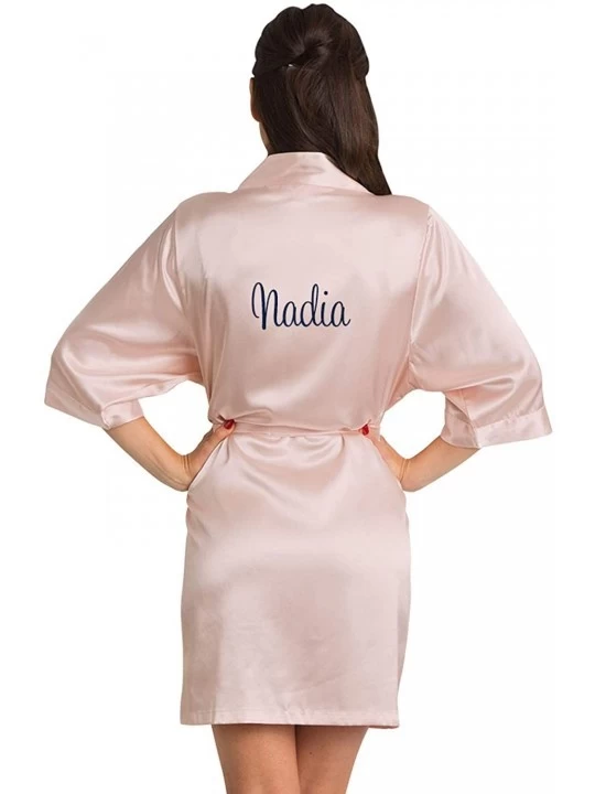 Robes Womens Personalized Name Custom Titles or Phrases Satin Robe with Vinyl Print Bride & Bridesmaid Kimono Robe Blush - C5...