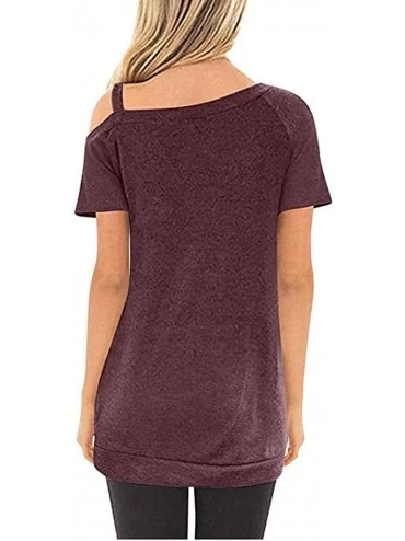 Thermal Underwear Fashion Womens Top S-3XL Casual Cold Shoulder Short Sleeve Button Summer Blouse - Wine - CL199IGC2CQ $16.99