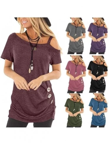 Thermal Underwear Fashion Womens Top S-3XL Casual Cold Shoulder Short Sleeve Button Summer Blouse - Wine - CL199IGC2CQ $16.99