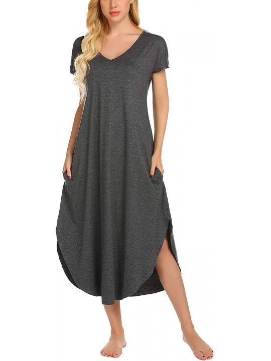 Nightgowns & Sleepshirts Women's Sleepwear Casual V Neck Nightshirts Short Sleeve Long Nightgown Pockets Loungewear - Dark Fl...