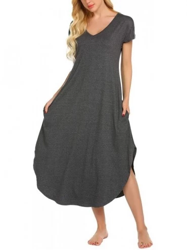 Nightgowns & Sleepshirts Women's Sleepwear Casual V Neck Nightshirts Short Sleeve Long Nightgown Pockets Loungewear - Dark Fl...