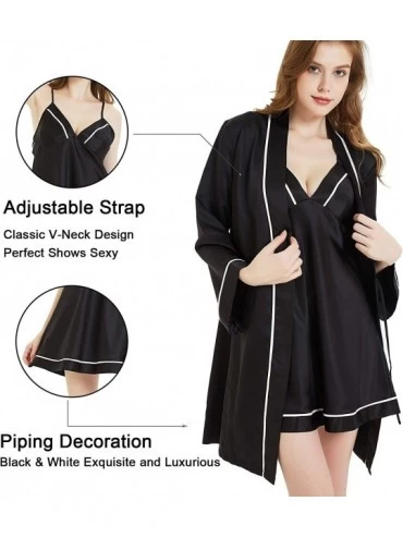 Sets Womens Silky Satin Kimono with Long Sleeves Bathrobe Soft Sleepwear V Neck Lingerie Wedding Party Robes Black Set - CR18...