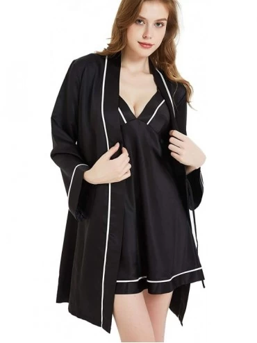 Sets Womens Silky Satin Kimono with Long Sleeves Bathrobe Soft Sleepwear V Neck Lingerie Wedding Party Robes Black Set - CR18...