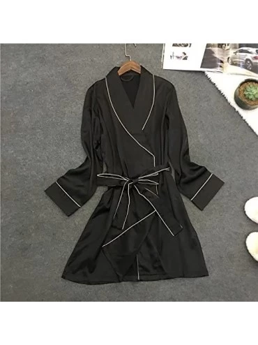 Robes Womens Satin Pure Colour Short Bathrobes Bridesmaid Silk Kimono for Wedding Party Long Sleeve Robe with Sashes Black - ...