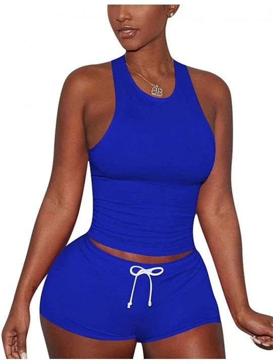 Sets Women 2 Piece Shorts Set - Sexy Crop Top Bodycon Shorts Tracksuit Outfit Loungewear Pajamas Sets - Royal Blue - CM198U8T...