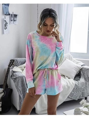Sets Women's Tie Dye Printed Pajamas Set Long Sleeve Tops with Shorts Long Lounge Set Casual Two-Piece Sleepwear - 2multicolo...