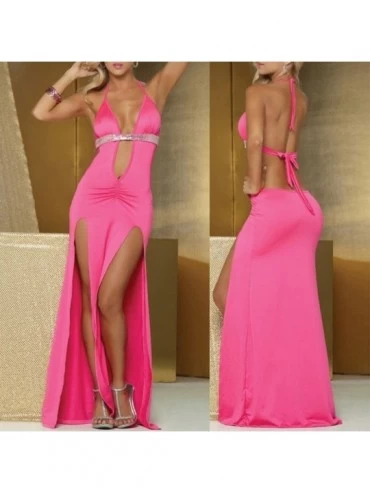 Sets Women Sexy Deep V-Neck Sexy Lingerie Slit Long Dress Nightwear G-String Set - Hot Pink - CL18GDD5DXT $10.89