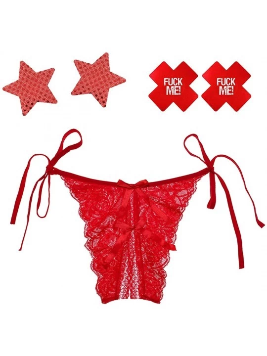 Panties Women's Sexy Side Tie Sexy Lace Panties Underwear - 1 Red Lace Thong + 2 Pair Disposable Pasties - CT19CAL7GC9 $9.65