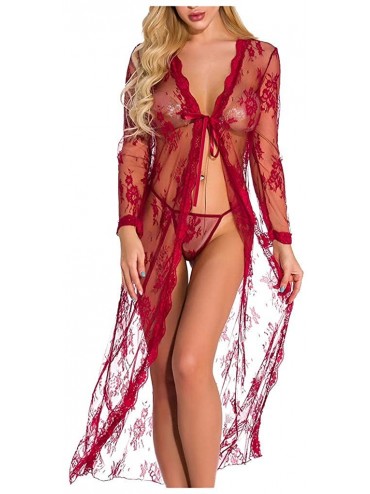 Sets Sexy Lingerie for Women Lace Teddy Lingerie Deep V Open Plus Size Nightgown Underwear Pajamas Perspective Wine Red - CC1...