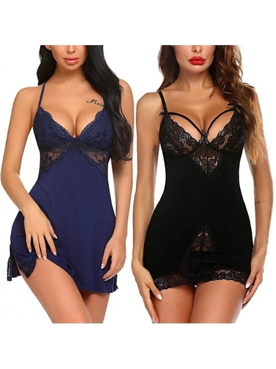 Slips Women Chemises Lingerie Lace Babydoll Sleepwear Sexy Full Slips Mini Dress 2 Pack - CE19E7HE6YL $32.80