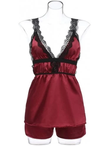 Sets Women Sleepwear Sleeveless Underwear Satin Strap Nightwear Lace Trim Cami Silky Top Pajama Set Lingerie Chemise - Wine R...