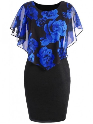 Robes Women Plus Size Casual Rose Print Chiffon O-Neck Ruffles Mini - Blue - C018MGU8C74 $13.93