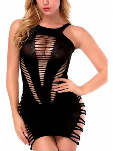 Baby Dolls & Chemises Women's Mesh Lingerie Fishnet Babydoll Mini Dress Stretch Chemise Bodysuit - Black 2 - CV18S0AQMI4 $14.54