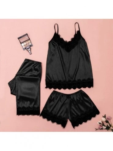 Sets 3pc Womens Exotic Chemises Negligees Camisole Shorts Set Sexy Cami Tops + Lace Bra + Satin Shorts Pajama Sets Q black - ...