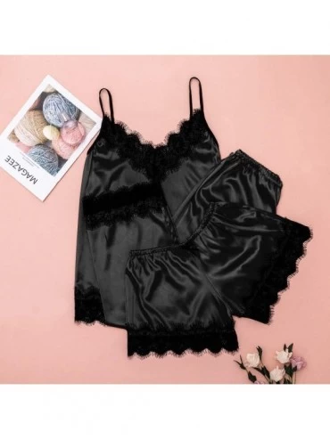 Sets 3pc Womens Exotic Chemises Negligees Camisole Shorts Set Sexy Cami Tops + Lace Bra + Satin Shorts Pajama Sets Q black - ...