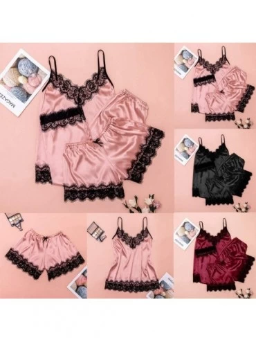 Sets 3pc Womens Exotic Chemises Negligees Camisole Shorts Set Sexy Cami Tops + Lace Bra + Satin Shorts Pajama Sets Q black - ...