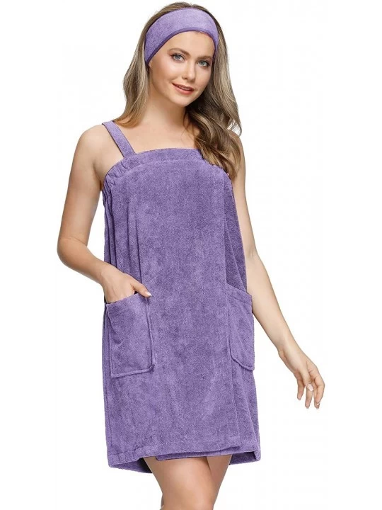 Robes Women Bath Wrap Towel for Shower with Pocket Straps Robe&Facial Headband - Purple - CH19DKA0QZX $24.81