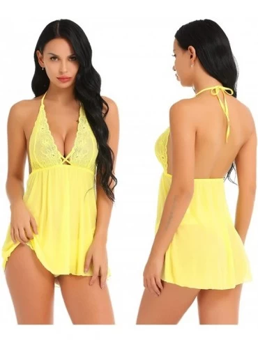 Baby Dolls & Chemises Womens Sexy Lace Babydoll Lingerie Halter Sheer Mesh Nightie S-XXXL - Yellow - C818RIDWU3S $17.24