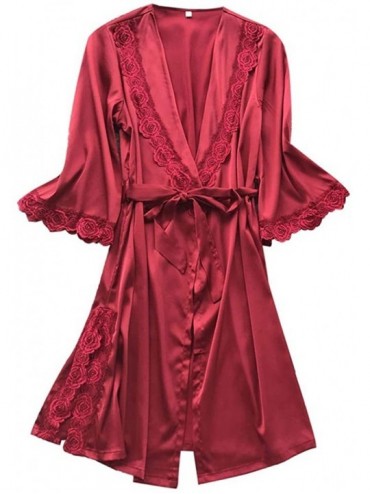 Robes 2PC Sexy Sleepwear Lingerie Lace Temptation Bathrobe with Belt Nightdress Robe for Women - Red - CB198HM8S0H $12.87