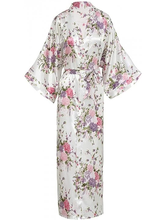 Robes Women Long Robe Print Flower Peacock Bathrobe Gown Bride Wedding Robes - White Flower a - C018XDQHQ32 $28.91