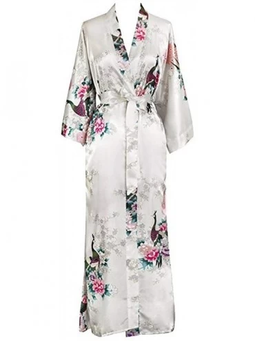 Robes Women Long Robe Print Flower Peacock Bathrobe Gown Bride Wedding Robes - White Flower a - C018XDQHQ32 $28.91